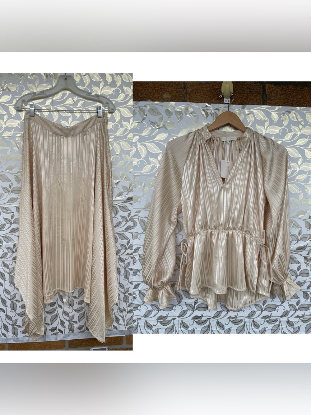NWT Vita Grace Satin Peplum Top & Asymmetric Skirt Set S/M Champagne Luxury - Picture 2 of 13